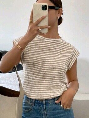 Shein Striped Knit Cap-Sleeve Top in Apricot